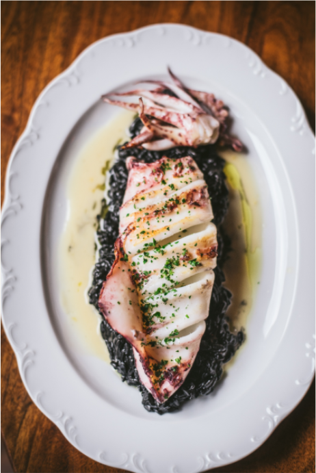 A plate of grilled squid on black rice, served at Lupaia Osteria
